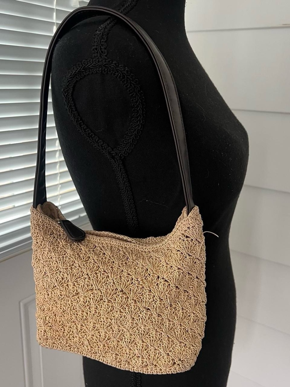 Vintage Woven Crochet Shoulder Bag with Brown Strap